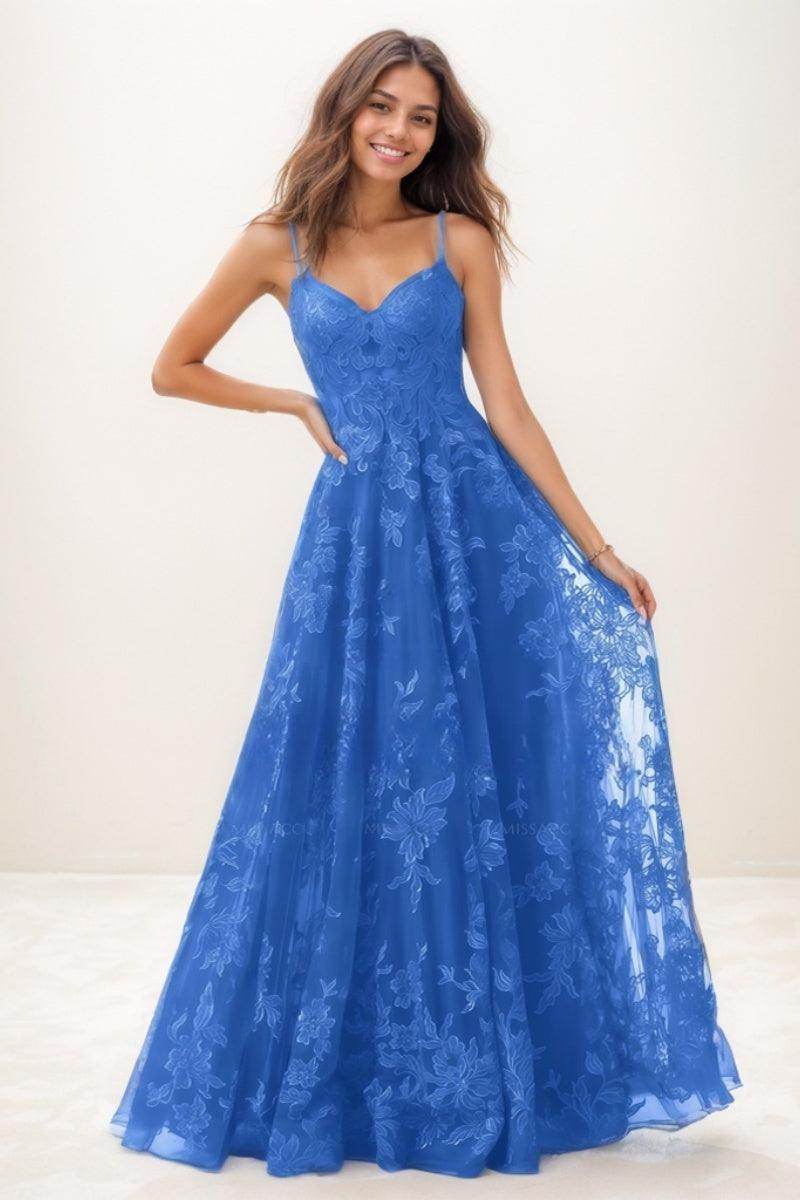 V-Neck A-Line Sweep Train Lace/Tulle Prom Dresses CS0743 - COCOMELODY